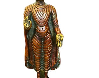 Indian Vintage Standing Buddha Shakyamuni Brass Statue Spiritual Meditation Interior Zen Design