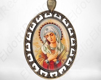 Blessed Virgin Mary Catholic Medal, Religious Jewelry Pendant Vintage Bronze - FREE SHIPPING