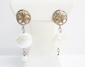 Pearl Earrings, Vintage Earrings, Vintage Pearl Earrings, Dangle Earrings, Sterling Silver Round Pearl Dangle Drop Earrings #2127