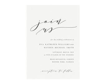 Melia: 'Join Us' Printable Wedding Invitation Template, 5"x7", Calligraphy Wedding Invitation Suite, Simply Editable, PDF Instant Download
