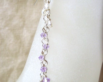 Sterling Silver Earrings, Swarovski Crystal Earrings, Cultured Freshwater Pearl Earrings, Violet Purple, Wedding Bride, Dangle Pierced, Prom