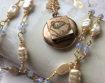 Ooak Upcycled Locket with Engraved Bird, Assemblage locket pendant