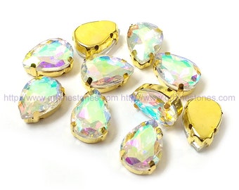 Crystal AB Sew On Pear Shape Fancy Stones in gold setting 10pcs