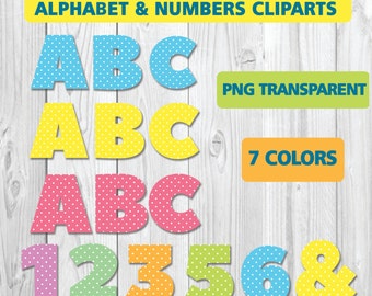 ALPHABET & NUMBERS CLIPARTS, Png transparent, each 7 colors