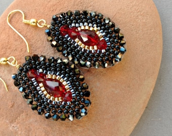 Bronzepony Brick Stitch Earrings, Holiday Earrings, Red and Black Crystal Earrings, Red Crystal Teardrops, January Birthday, CRANBERRY
