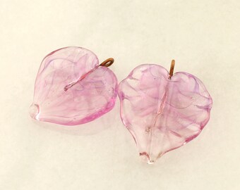 Lampwork Glass Leaf Beads, Head Pins with Loop on 20Ga Antique Copper Wire, Pink