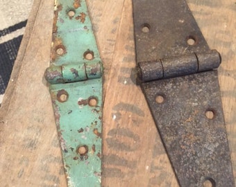 Primitive Old Metal Strap Hinges Farm Hardware Green Paint Cabin Cottage TWO Antique Hinges
