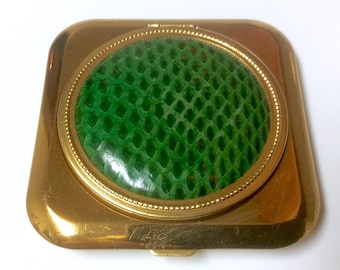 Vintage Powder Compact Green Leather Textured Top Made in USA Unused