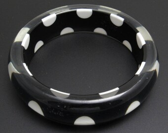 Vintage Lucite Bangle Bracelet Black and White Polka Dot Jewelry B7768