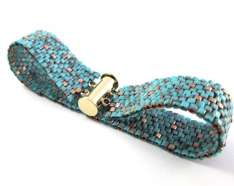 Turquoise and Gold Brickwork Beaded Bracelet, Peyote Woven Cube Seed Bead Bracelet with Gold, Copper or Silver Clasp