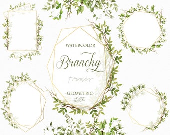 Watercolor Greenery Geometric Clipart Frame Greenery Frames Clip Art Greenery Branchy Frames Illustration Invitation Green Leaves Leaf