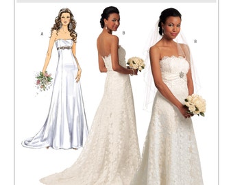 Butterick 5325 Women's bridal wedding gown, Strapless formal gown, strapless gown with train