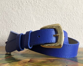 Blue Belt Vintage Faux Leather Gold Metal Buckle