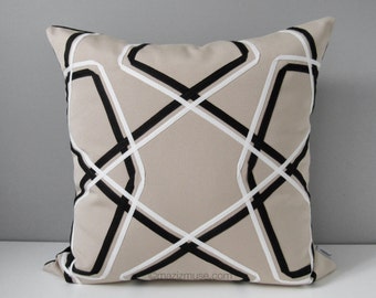 Geometric Outdoor Pillow Cover, Decorative Black White Pillow Cover, Modern Throw Pillow Cover, Masculine Beige Sunbrella Cushion Cover
