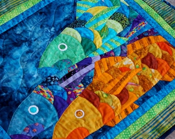 Wall Art Quilt Wall Hanging Tropical Fish Beach House Applique OOAK Handmade Blue Orange Green Original Design