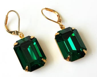 Emerald Crystal Earrings Swarovski Emerald Green Earrings Emerald Rhinestone Earrings Green and Gold Drop Earrings Wedding Jewelry