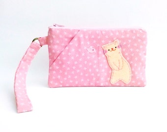 Pink Wristlet Wallet, iPhone Wristlet, Wristlet Pouch, Cell Phone Wallet, Cat Wristlet Bag, Clutch Purse, Cat Wristlet, Zipper Wristlet