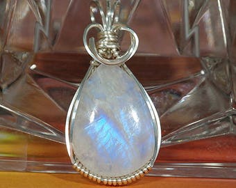 Rainbow Moonstone Tear Drop Wire Wrapped Pendant - Balances yin and yang energies