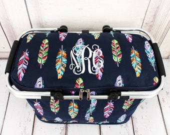 Fancy Feathers Insulated Collapsible Market Basket With Lid/ Grocery Tote/ Picnic Basket/ Cooler