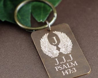 Personalized Memorial Keychain, Vintage Keychain, Sympathy Gift, Dog Tag Keychain, Angel Wing Keychain, Psalm, Bereavement Gift