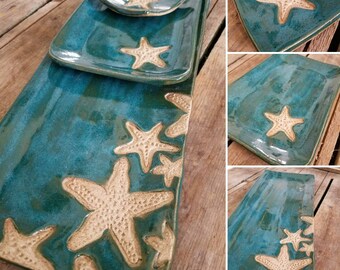 Turquoise starfish platter. Handmade pottery serving tray.