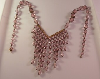 Faceted Amethyst Bib Necklace, Edwardian Cascade Glass Bead Necklace, Gilt Brass