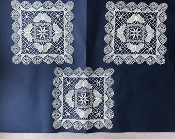 3 vintage handmade lace doilies shabby chic needlework ,country cottage Flamish farmhouse