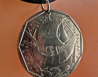 PORTUGAL NECKLACE. portuguese coin. ship pendant . pirate. galleon. fish. seaman . 50 escudos. Republica Portuguesa. jewelry No.001161