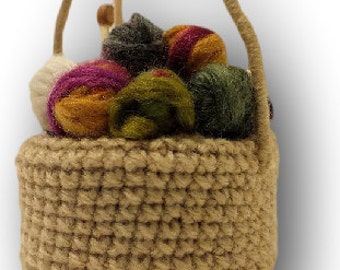 Cute Mini Yarn Basket with tiny Needles Knitted Ornament, Basket of Skeins, Knitting Basket
