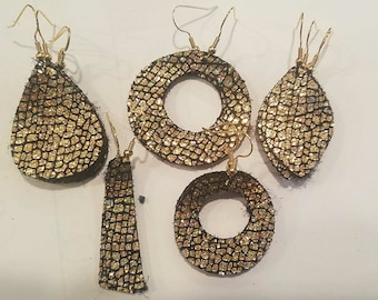 Sparkly Gold Leather Earrings