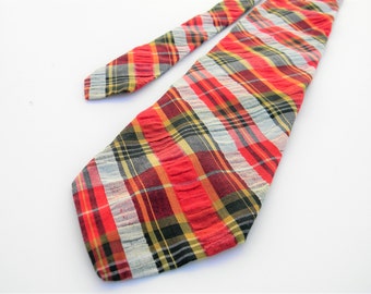 Vintage Bill Blass plaid cotton madras tie red, green,yellow white 70's wide tie