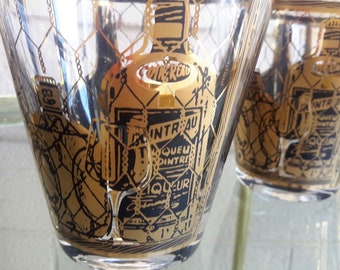 1960's Culver 22K Barware nm Glasses Wire and Liquor Bottle Design Set of 6 Double Old Fashioned Glass 4 1/8" Tall