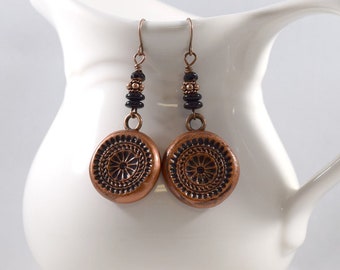 Big Round Textured Copper Polymer Clay Earrings, Copper Earrings, Artisan Earrings, Boho Earrings, Round Earrings, Lightweight, E032