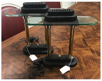 Pair of Sonneman Lamps, Black Brass/Metal, and Glass