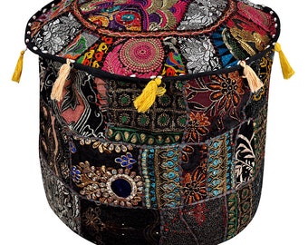 22" Vintage Round Ottoman Pouf Cover Ethnic Floral Embroidered Patchwork Footstool Cover