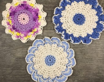 Vintage doilies, set purple and blue doilies, shabby chic home decor, spring decor
