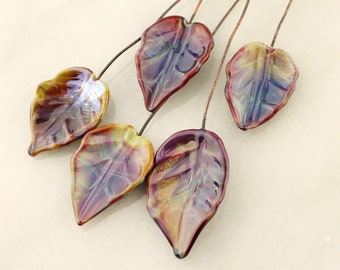 Lampwork Beads, Headpins, Glass Leaf Head Pins, Headpin on 20Ga Antique Copper Wire, Purple, Green, Blue, Brown, Leaves
