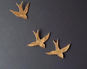 We fly together 3D Painting Gold porcelain wall art swallows Ceramic sculpture Gold birds Bathroom kitchen bedroom art Original Artwork