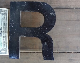 Vintage XL Letter R Metal Distressed Black 6 X 4 & 3/4 X 1/2 inch