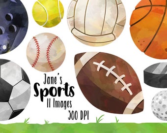 Watercolor Sports Clipart - Watercolor Sports Balls Download - Instant Download - Cute Baseballs - Footballs - Soccer Ball - Golf