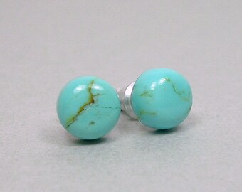 TURQUOISE 7mm Round Cabochon Nickel Free Titanium Post Smooth Blue December Birthstone Brown Matrix Gemstone Earrings Petite