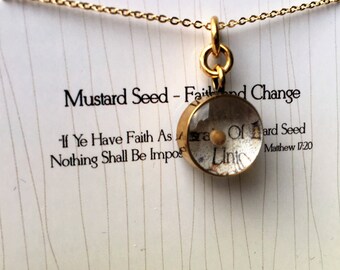 MUSTARD Seed Charm strung on A Gold Plated Chain, Gold Necklace, Vintage Style Charm - Faith and Change - Mustard seed Pendant