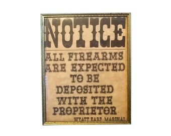 WYATT EARP Tombstone "NOTICE" Firearms Country Western Wild West Framed Collectible, Gold Colored Border Glass Frame With Stand, Cowboy