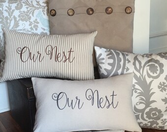 Farmhouse Pillow, Our Nest, Ticking Pillow, Cotton Canvas Pillow, Our Nest Pillow, Shabby Chic Pillow, Family Pillow, Embroidered Pillow