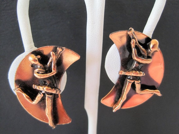 Ballet Dancer Earrings, Mid Century Copper, Vintage Clip Ons