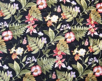 Jay Yang Floral and Fern Fabric - 1 Yd. - Large Multi Color Flowers and Green Leaves