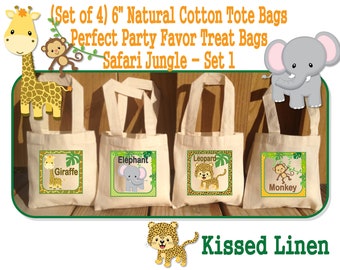 Jungle Safari Birthday Party Treat Favor Gift Bags Mini Cotton Totes Giraffe Elephant Leopard Monkey Tiger Hippo Zebra Lion