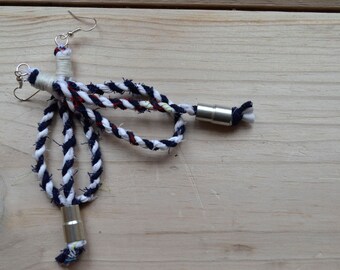 Blue and White Upcycled Fabric Statement Earrings, Nickel free