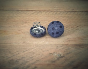 Black Dot Earrings. Grey Earrings. Black Polka Dots. Fabric Covered Button Earrings. Handmade Earrings. Stud Earrings. Clip On Earrings.
