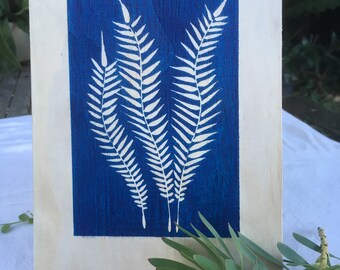 Blue Fern #Handmade #linocut#original#art#fern#Print #plywood